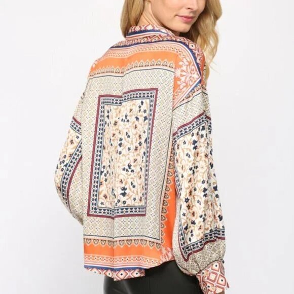 Fate button down satin long sleeve border blouse - Picture 9 of 10